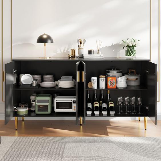 Buffet avec un design unique en forme de vague et des poignées et pieds dorés Noir