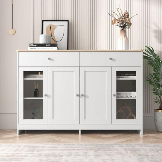 Buffet avec veines de bois blanc, quatre portes, avec deux tiroirs, porte avec verre. Salon, salle à manger. Couleur bois et blanc