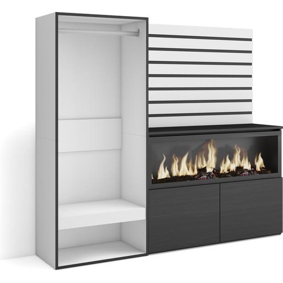 COZY Buffet, Bahut, 167x35x145cm, Chambre à coucher, Cheminée électrique XXL, Vestiaire ouvert, Blanc