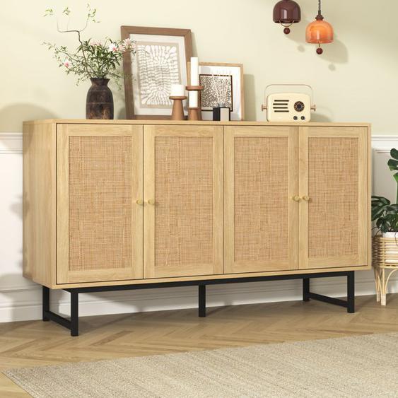 Buffet Bahut Classique avec 4 Portes en Rotin Véritable, Meuble de Salon Respirante, Bois Style Rustique, 140x40x80cm