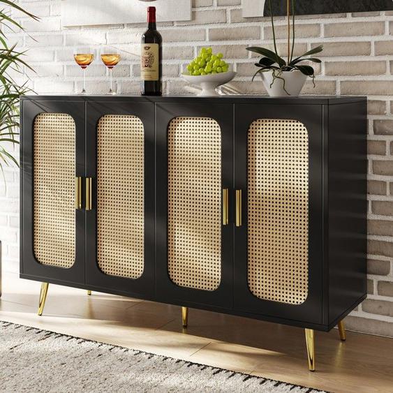 Buffet Bahut Salon Élégant en Rotin, Armoire de Rangement Indépendante,Meuble dentrée,Commode 120x30x89cm ,Noir