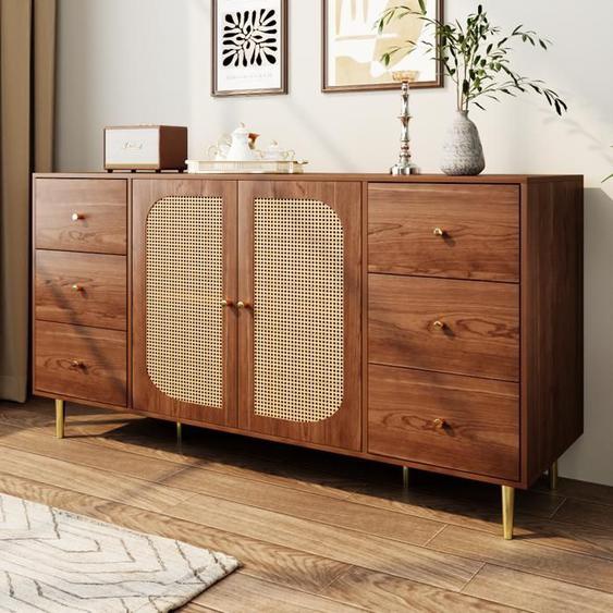 Buffet Bas,Buffet en Rotin,Style Contemporain,Armoire de Rangement,2 Portes 3 Trioirs,Commode pour