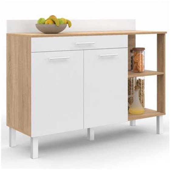 Buffet bas de cuisine 120 cm cina plan de travail H.83 cm 2 portes + tiroir façon hêtre et blanc