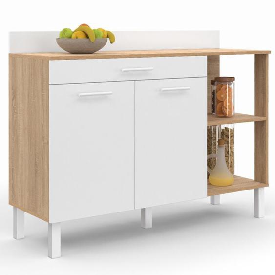 Buffet bas de cuisine 120 cm cina plan de travail H.83 cm 2 portes + tiroir façon hêtre et blanc