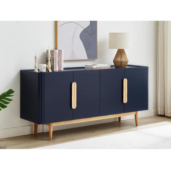 Buffet bas en MDF et bois dhévéa - Bleu et Naturel clair - DUNELON