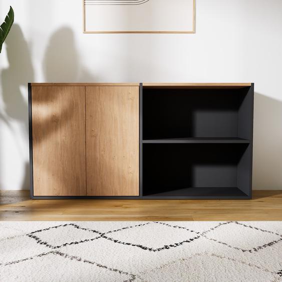 Buffet bas - Graphite, pièce de caractère, rangements bas de luxe, avec porte Effet chêne - 151 x 80 x 34 cm, personnalisable