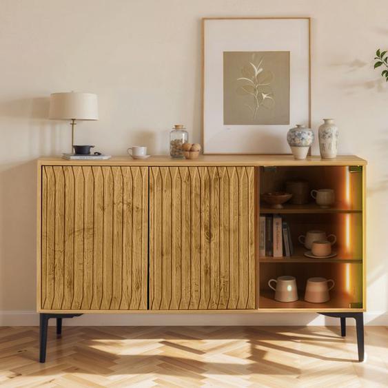 Buffet Bas LED Cuisine Industriel 3 Portes,Sideboard,Commode avec Élégante à LED,120x35x57cm,Porte en Verre Naturel