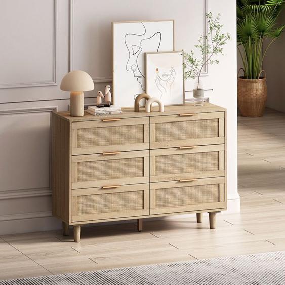 Buffet Bas Salon avec 6 tiroirs de rangement en rotin pour chambre à coucher, salon, Armoire de Cuisine,110x40x75cm,Naturel