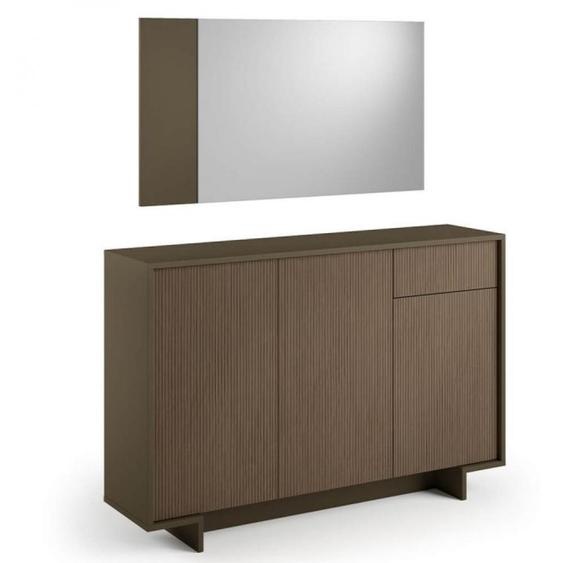 Buffet bas slim FRIME 3 portes 1 tiroir cadre bronze façade canneté foncé