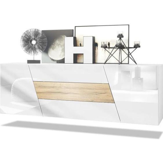 Buffet bas VLADON Houston - 2 portes, 3 tiroirs - Blanc mat, blanc brillant, chêne nature