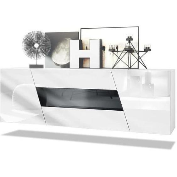 Buffet bas VLADON Houston - 2 portes et 3 tiroirs - Blanc mat et blanc/ noir haute brillance