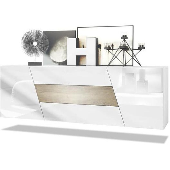 Buffet bas Vladon Houston avec 2 portes et 3 tiroirs - Blanc mat/Blanc brillant/Chêne ribbeck