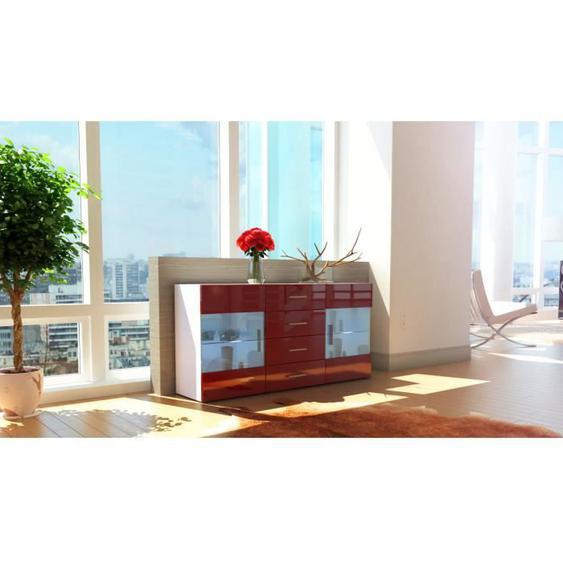 Buffet blanc et bordeaux vitrines 139 cm laqué - Meuble de séjour contemporain