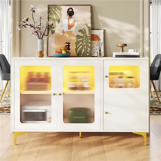 Buffet Blanc Moderne Et Minimaliste, Design De Porte En Verre Long Arc - En Et Beaucoup De Rangement (140 X 40 X 90 Cm)
