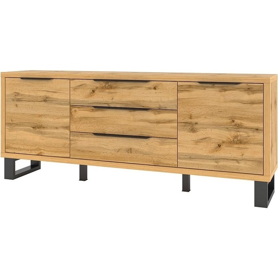 Buffet, buffet, buffet MILO avec deux portes, trois tiroirs. Couleur chêne avec surface noire. Style industriel.