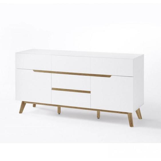 Buffet CACHAN blanc laqué mat 5 tiroirs 2 portes piétement en chêne