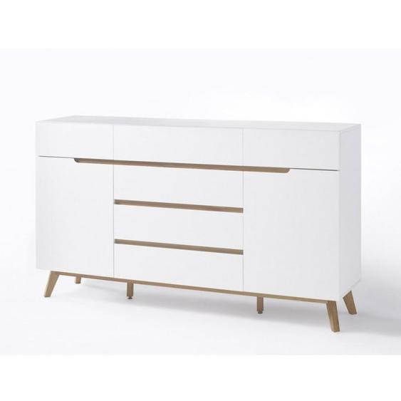 Buffet CACHAN blanc laqué mat 6 tiroirs 2 portes piétement en chêne