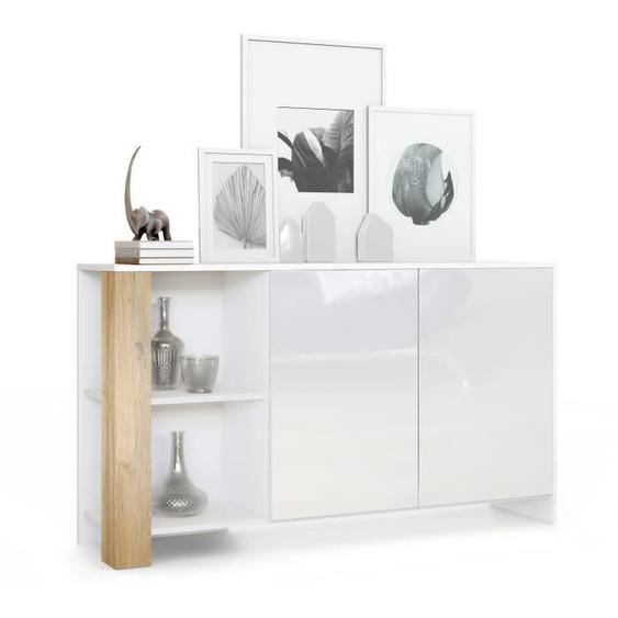 Buffet Canto, long bahut avec 2 portes et 6 compartiments, blanc mat - blanc brillant - chêne nature (143 x 81 x 36 cm)