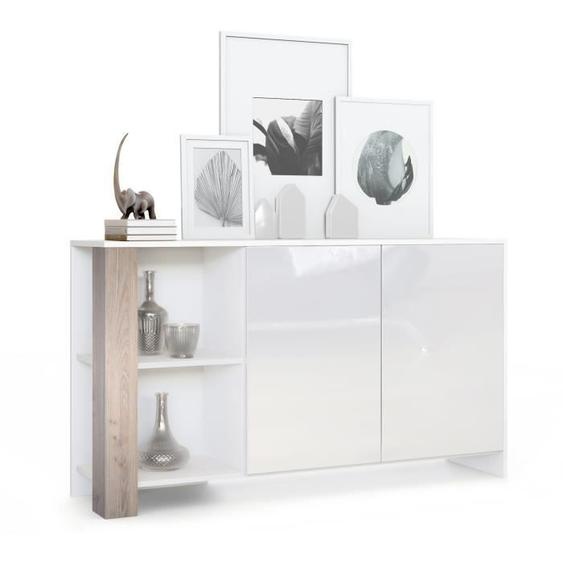 Buffet Canto, long bahut avec 2 portes et 6 compartiments, blanc mat - blanc brillant - chêne nordique (143 x 81 x 36 cm)