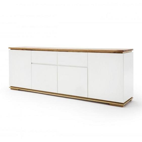 Buffet CHARLY 4 portes 2 tiroirs laqué blanc mat plateau et socle chêne noueux