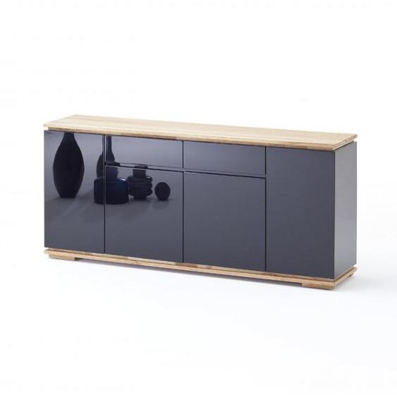 Buffet CHARLY 4 portes 2 tiroirs laqué noir brillant plateau et socle chêne noueux