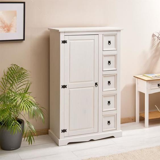 Buffet chiffonnier apothicaire TEQUILA style mexicain avec 1 portes et 5 tiroirs, en pin massif lasuré blanc