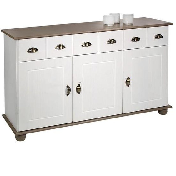 Buffet COLMAR commode bahut vaisselier meuble bas rangement avec 3 tiroirs et 3 portes, en pin massif lasuré blanc et taupe