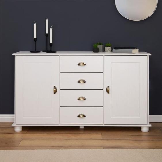 Buffet COLMAR commode bahut vaisselier meuble bas rangement avec 4 tiroirs au centre et 2 portes, en pin massif lasuré blanc