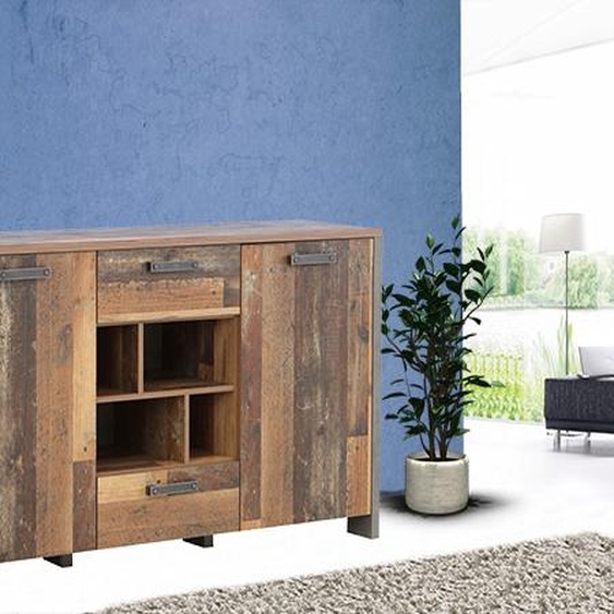 Buffet, commode, 156 cm, bois ancien, style vintage, béton gris foncé