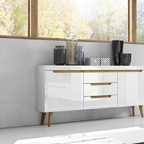 Buffet, commode, meuble de salon, 160 cm, blanc brillant, chêne Riviera