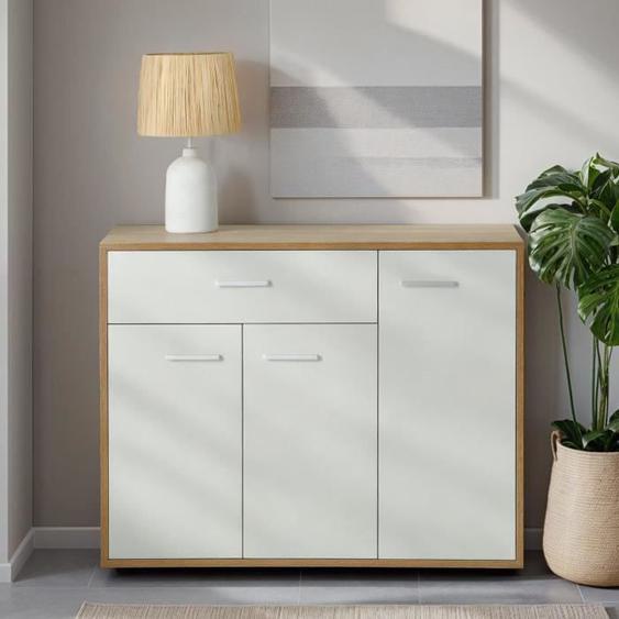 Meuble à chaussures CAMILLE, commode meuble de rangement avec 1 tiroir et 3 portes, en bois, coloris béton et blanc