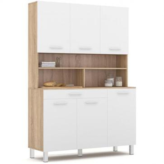 Buffet de cuisine 120 cm cina 6 portes + tiroir façon hêtre et blanc