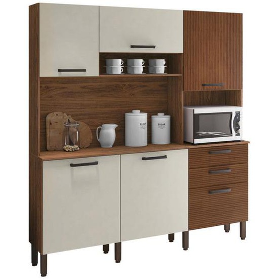 Buffet de Cuisine 6 Portes 2 Tiroirs Noyer et Blanc Ecru L 180.2 H 198 P 38.8 cm - L 180.2 x l 38.8 x H 198 cm