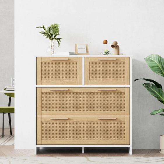 Buffet de cuisine à 4 tiroirs,portes en rotin,poignées en bois massif,MDF,couleur naturelle et blanc,L80×H80×P38cm-HAUSS SPOLE