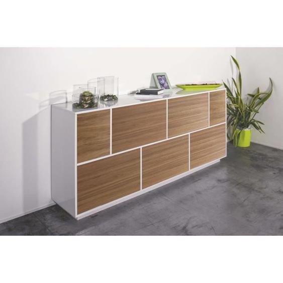 Dmora Placard Virginio, Buffet de cuisine à 7 portes, Buffet de salon, 100% Made in Italy, 200x41h86 cm, Blanc brillant et Noyer