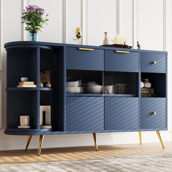 Buffet de Cuisine,Armoire LED,Commode Salon de Rangements avec Portes Coulissantes en Verre,130x40x80cm,Style Moderne,bleu