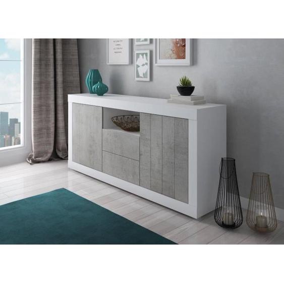 Buffet de cuisine moderne DMORA avec 2 portes et étagères - Blanc et ciment - 185x44h86