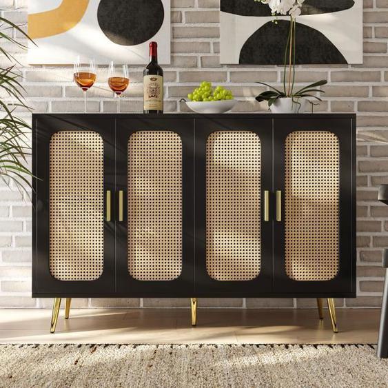Buffet De Rangement 120x30x89cm - Buffet En Rotin Avec 4 Portes - Pour Cuisine, Salon - Noir