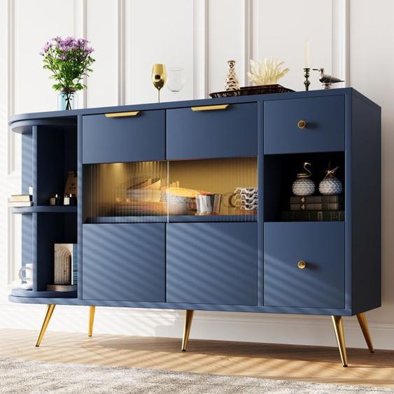 Buffet De Salle À Manger Avec Portes Coulissantes En Verre Et Lumières LED, Panneau Latéral, En Bois , Bleu-130 X 40 X 80 Cm