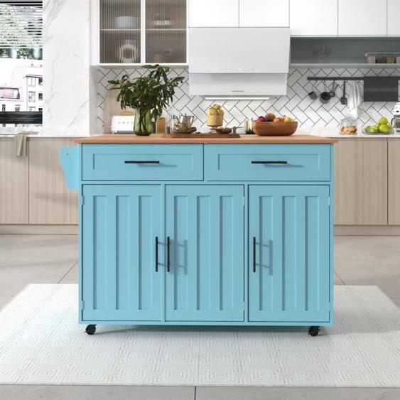 Buffet de salle à manger, buffet de cuisine avec plateau rabattable et roulettes, tiroirs, 129x46(71)x91,5 cm bleu