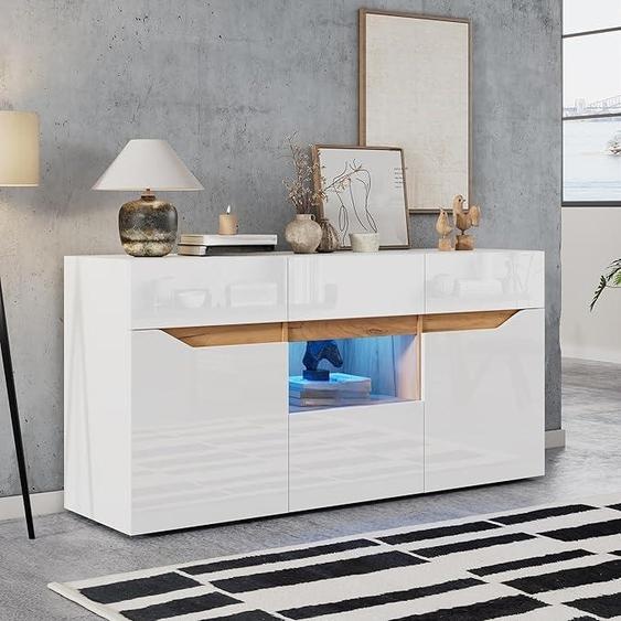 Buffet de salon avec 2 portes et 4 tiroirs, commode-vitrine avec éclairage LED et design sans poignées, meuble de salon, meuble dappoint, meuble blanc et imitation bois, dimensions : 140 x 40 x 70 cm