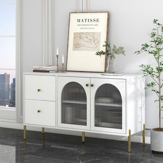 Buffet de salon moderne blanc avec étagères réglables, dessus en marbre, 2 portes et 2 tiroirs, meuble avec porte