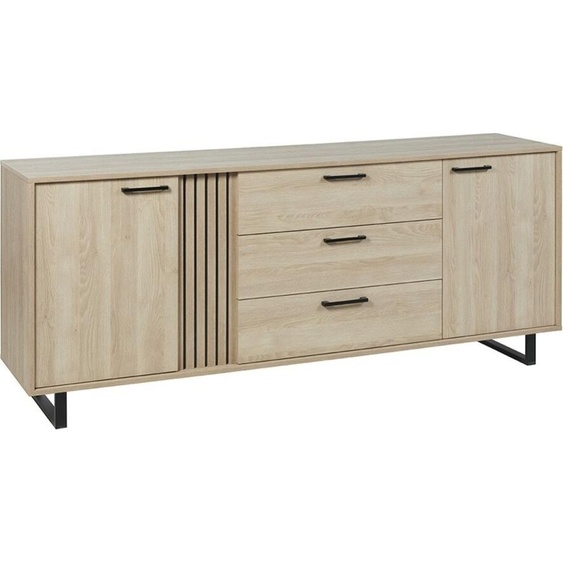 Buffet design 220cm avec 2 portes et 3 tiroirs pour salon couleur chêne clair collection LOFT pieds en métal