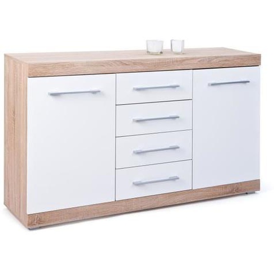 Buffet - DMORA - 2 portes 4 tiroirs - Chêne et stratifié laqué blanc