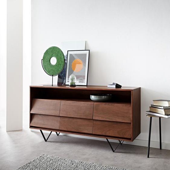 Buffet Eloi 145x40 cm acacia marron 6 tiroirs pied en V noir, Buffets