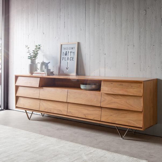 Buffet Eloi 240x40 cm acacia naturel 2 portes 6 tiroirs pied en V inox, Buffets