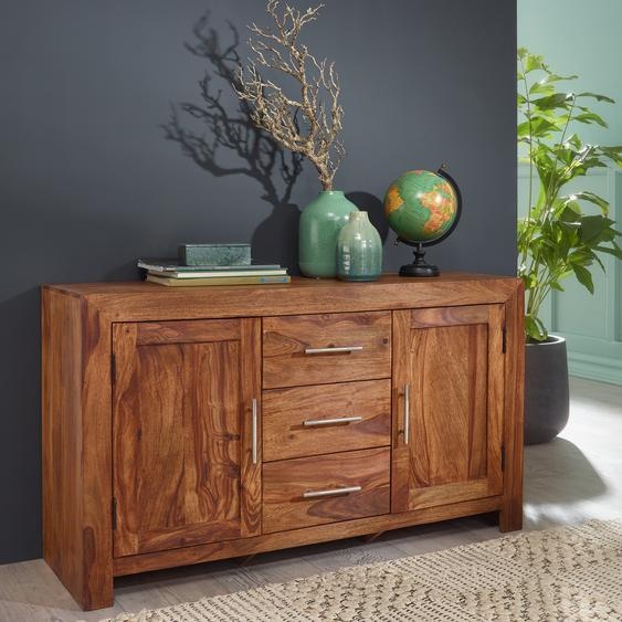 FineBuy Sideboard Sheesham Bois massif 120 cm 2 portes & 3 tiroirs - Commode rétro massive Maison de campagne - Design Naturel Buffet - Fait main