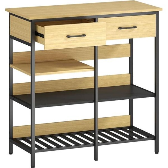 Buffet en bois massif, 90x40x91 cm. Étagère de cuisine, étagère dappoint avec 2 tiroirs, 3 étagères ouvertes, support pour micro-ondes et espace pour une cafetière. Structure en métal, design industriel. Marque : Kip