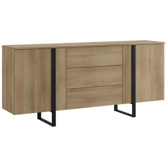 Buffet en mélamine et métal coloris chêne - noir - Longueur 180 x profondeur 40 x hauteur 82 cm