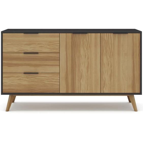 Buffet en pin massif décor ciré naturel et noir, meuble de rangement - Longueur 140 x Profondeur 40 x Hauteur 80 cm